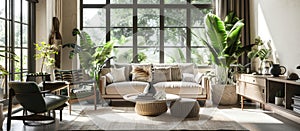 Living room with large window full of plenty plants