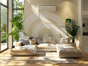 A living room with large windows and a large air conditioner