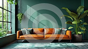 A living room with a leather couch and a potted plant. Dark green walls and brown leather furniture, modern interior