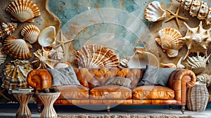 A living room with a leather couch and shells on the wall
