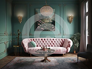 Living room with light green walls and a pink sofa. AI generated