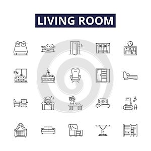 Living room line vector icons and signs. Chair, Table, Lamp, Fireplace, Carpet, Rug, Televison, Decor outline vector photo