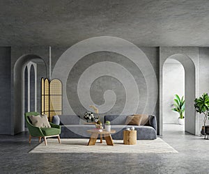 Living room loft in industrial style with dark sofa and green armchair on empty concrete wall background