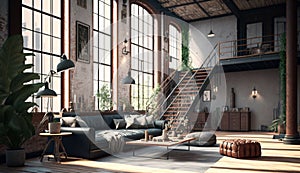 Living room loft in industrial style. Generative AI