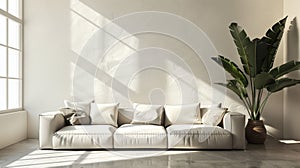 A living room with a low sofa adorned with a few carefully chosen cushions and an elegant plant embodying the essence of