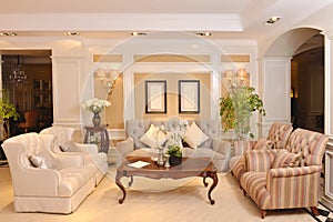 Living room with luxury cloth sofa home appliance