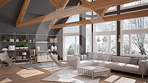 Living room of luxury eco house, parquet floor and wooden roof t