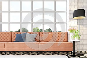 Living room with luxury orange leather sofa and black floor lamp, side table and flower vase, white windows and clear glass. 3d