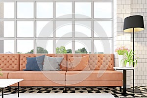 Living room with luxury orange leather sofa and black floor lamp, side table and flower vase, white windows and clear glass. 3d