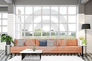 Living room with luxury orange leather sofa and white coffee table, white windows and clear glass, marble pattern floor. 3d