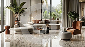 The living room of Luxury Rewritten exudes timeless elegance with its gleaming Terrazzo flooring. The smooth marbled