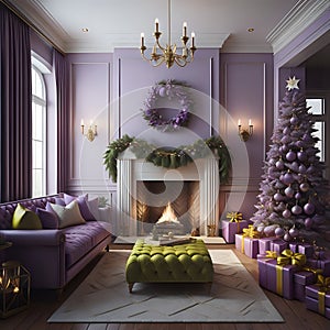 A living room mainly in the color purple with purple Christmas decorations