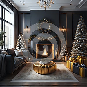 A living room mainly in the colors black and gold with black and gold Christmas decorations