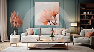 Living room with minimal elements, harmoniously combines modernity and coziness with a bright shade of Peach Fuzz