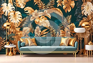 Living room with a mint green sofa and a golden leaves tropical wallpaper