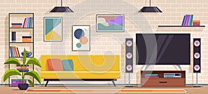 Living room. Modern apartment interior with furniture, sofa and armchair, shelves and tv, wall pictures and plants flat