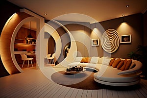Living room in modern Art style with arches and curved wall panels in monochrome beige.ai generative