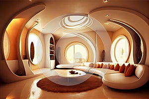 Living room in modern Art style with arches and curved wall panels in monochrome beige.ai generative