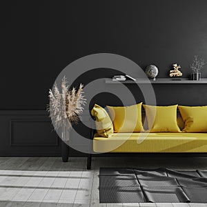 Living room modern interior with black wall, yellow sofa and pampas grass, luxury dark interior background, dark living room mock