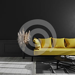 Living room modern interior with black wall, yellow sofa and pampas grass, luxury dark interior background, dark living room mock
