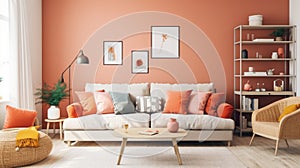 Living room modern interior design with white sofa, wall and pillows in peach fuzz colour