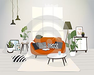 Living room in modern Scandinavian design. A cozy apartment, a house with furniture. Trendy Nordic interior, sofa, coffee table,