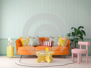 Living room in modern style with orange sofa and pink chair on green wall background