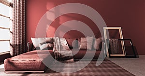 Mock up Living room modern style with red wall and red sofa armchair on carpet.3D rendering