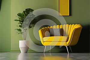 Living room in modern style with sofa,chair on yellow and green wall background.3d rendering