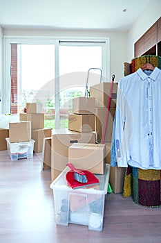 Living room with moving boxes