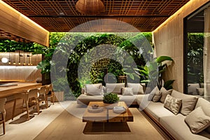 Living room in nature colors walls with lighting, wooden furniture and plants