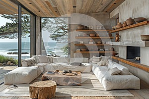 Living room with ocean view, fireplace, hardwood flooring, furniture, and plants