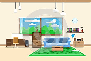 Living room or office design interior relax with sofa blue and bookshelf window in wall yellow background. vector illustration