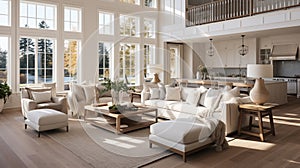 Living Room in Open Concept New Luxury Home with View of Entry, Kitchen, and Second Floor