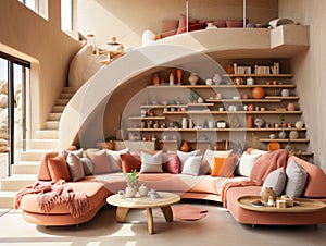 A living room with orange furniture and a curved staircase, AI