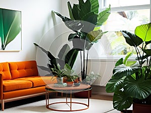 Living room with orange leather sofa and tropical potted plants decoration minimal.