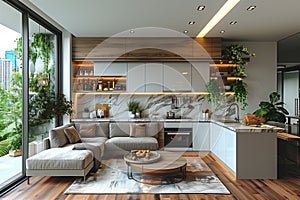 A living room packed with furniture under abundant natural light from numerous windows
