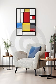 A living room with a Piet Mondrian-inspired armchair as the centerpiece. The armchair is geometric and colorful