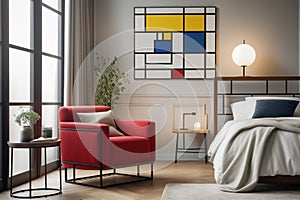 A living room with a Piet Mondrian-inspired armchair as the centerpiece. The armchair is geometric and colorful, with bold red, bl