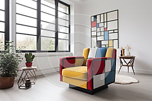 A living room with a Piet Mondrian-inspired armchair as the centerpiece. The armchair is geometric and colorful, with bold red, bl