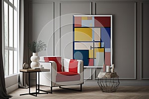 A living room with a Piet Mondrian-inspired armchair as the centerpiece. The armchair is geometric and colorful, with bold red, bl