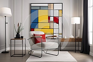 A living room with a Piet Mondrian-inspired armchair as the centerpiece. The armchair is geometric and colorful, with bold red, bl