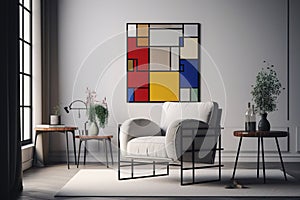 A living room with a Piet Mondrian-inspired armchair as the centerpiece. The armchair is geometric and colorful, with bold red, bl