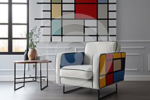 A living room with a Piet Mondrian-inspired armchair as the centerpiece. The armchair is geometric and colorful, with bold red, bl