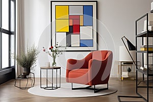 A living room with a Piet Mondrian-inspired armchair as the centerpiece. The armchair is geometric and colorful, with bold red, bl