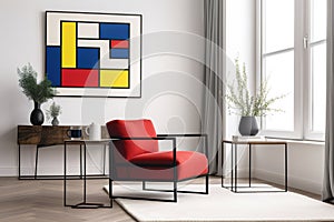 A living room with a Piet Mondrian-inspired armchair as the centerpiece. The armchair is geometric and colorful, with bold red, bl