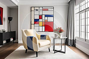 A living room with a Piet Mondrian-inspired armchair as the centerpiece. The armchair is geometric and colorful, with bold red, bl