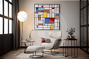 A living room with a Piet Mondrian-inspired armchair as the centerpiece. The armchair is geometric and colorful, with bold red, bl