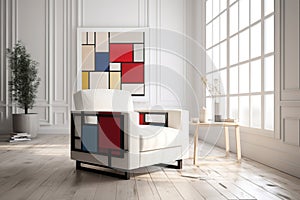 A living room with a Piet Mondrian-inspired armchair as the centerpiece. The armchair is geometric and colorful, with bold red, bl