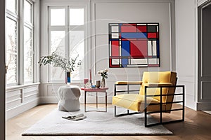 A living room with a Piet Mondrian-inspired armchair as the centerpiece. The armchair is geometric and colorful, with bold red, bl